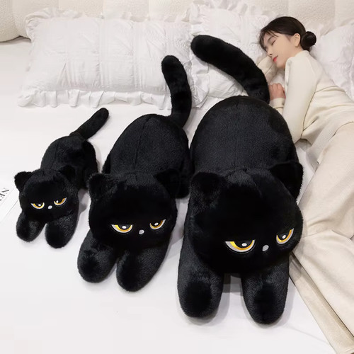 Black cat plush toy pillow - black,